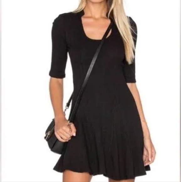 Free People Black Skater Dress Ribbed Scoop Neck Short Sleeves‎ XS - Picture 1 of 7